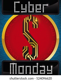 Poster with electronic money symbol in a golden round button with digital screens promoting to purchase online in the Cyber Monday.