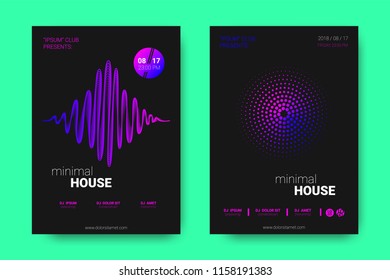 Poster of Electronic Music Night Party. Abstract Vector Background. Colorful Wave Lines and Equalizer. Minimal Party Flyer Design. Distortion of Rounds. Modern Music Covers of House Music Party.