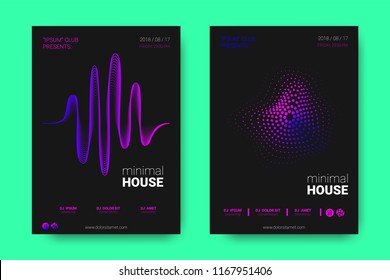 Poster of Electronic Music Night Party. Abstract Vector Background. Colorful Wave Lines and Equalizer. Minimal Party Flyer Design. Distortion of Rounds. Modern Music Covers of House Music Party.