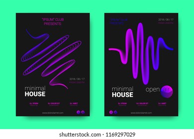 Poster of Electronic Music Night Party. Abstract Vector Background. Colorful Wave Lines and Equalizer. Minimal Party Flyer Design. Distortion of Rounds. Modern Music Covers of House Music Party.