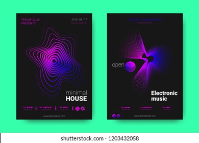 Poster of Electronic Music Night Party. Abstract Vector Background. Colorful Wave Lines and Equalizer. Minimal Flyer Design. Distortion of Rounds. Modern Music Covers of House Music Event.