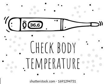 Cartel con termómetro electrónico. Le recuerda que compruebe su temperatura corporal. Imagen monocroma en fondo blanco.