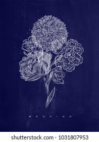 Poster with elegance flower lettering wedding drawing on blue background