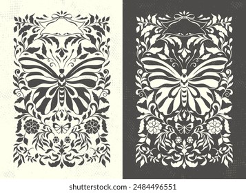 Poster of elegant beautiful tropical butterflies and plants symmetry isolated on background. Cute flying butterfly insects and leaves for decorative design elements.Vector illustration