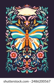 Poster of elegant beautiful tropical butterflies and plants symmetry isolated on background. Cute flying butterfly insects and leaves for decorative design elements.Vector illustration