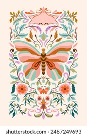 Póster de elegante hermosa mariposas tropicales y la simetría de las plantas aisladas en el fondo. Lindos insectos voladores de la mariposa y hojas para Elementos de diseño decorativos.Ilustración vectorial