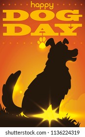 Poster with a elegant dog silhouette gazing a serene sunset in Dog Day celebration.