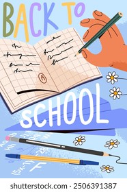 Poster of elementary education. Kid does homework, exercises in open copybook, holds pencil in hand. Learning with stationery, book. Back to school concept. Day of Knowledge. Flat vector illustration