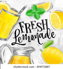 Poster with elements glass, lemon, jug, mint fresh lettering fresh lemonade drawing on dirty paper background