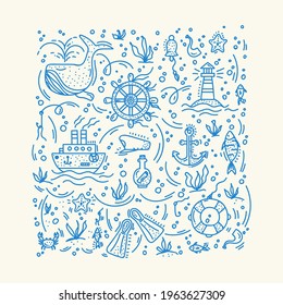 A poster with elements of marine life. Vector doodle of hand-drawn marine animals and objects. Cartoon sea life for your textiles. Vector illustration