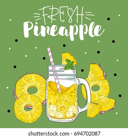 A poster with elements of pineapple and a glass. Lettering, for a fresh drink, pattern.