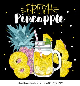 A poster with elements of pineapple and a glass. Lettering, for a fresh drink, pattern.