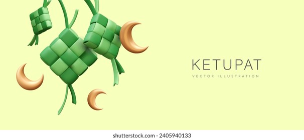 Poster with elements for Ramadan celebration, yellow background, and place for text. Golden moon and ketupat. Ramadan Kareem. Muslim concept. Vector illustration in 3d style