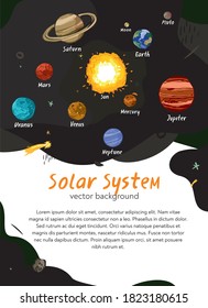 Poster with elements of the solar system. Space background with place for text. Banner template with planets, comets, asteroids drawn in the style of a sketch for children. Cartoon vector illustration