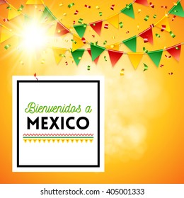 Poster elements with Spanish language describing Welcome to Mexico under flags and yellow and white sunny obscured gradient background