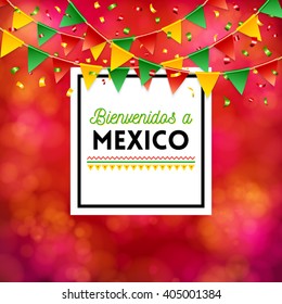 Poster elements with Spanish language text reading Welcome to Mexico over red and pink obscured gradient background