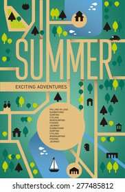 Poster. Elements for Summer Holidays with colorful background. Calligraphic designs and ornaments. Garden, park, map, trees,lake, green.