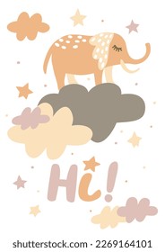 Poster with elephant standing on the cloud 