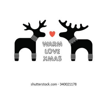 Poster with elk and deer in sweaters. About winter and Christmas time.