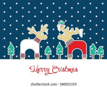 Poster with elk and deer in sweaters. About winter and Christmas time.