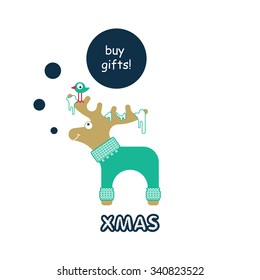 Poster with elk and deer in sweaters. About winter, Christmas time and xmas shopping.