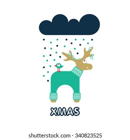 Poster with elk and deer in sweaters. About winter, Christmas time and xmas shopping.
