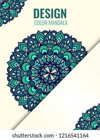 Poster with emerald mandala on beige background. Elegant cover. Decorative ornate round mandala. Vector illustration.