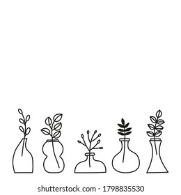 Poster with empty space and doodle outline wild plants, herbs, twigs, berries in vases, pots, jars isolated on white background.