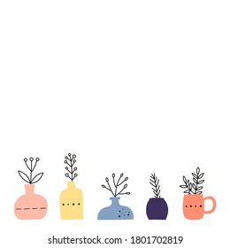 Poster with empty space and doodle outline wild plants, herbs, twigs, berries in pastel vases isolated on white background.