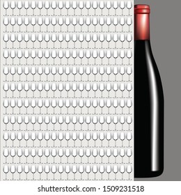 A poster with empty wine glasses and a dark glass wine bottle.