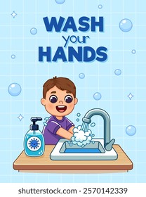 Poster encouraging kids to wash hands. Boy in pajamas washes his hands under running water from the tap, standing near the sink. There is antimicrobial soap on the table. Cartoon style illustration.