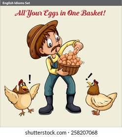 Poster with an English idiom showing a farmer holding a basket of eggs