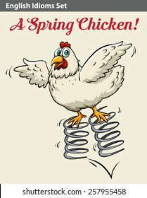 Poster with an English idiom showing a spring chicken