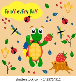 poster enjoy every day with a colorful turtle - vector illustration, eps
