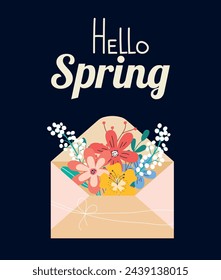 Poster with an envelope with flowers in hand drawn style. Vector. Hi spring. Modern trendy vibrant colors. Clipart. Traditional bunny. Modern trendy design. Doodle.