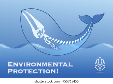 Poster Environmental Protection! with the silhouette and skeleton of a whale in the waves
