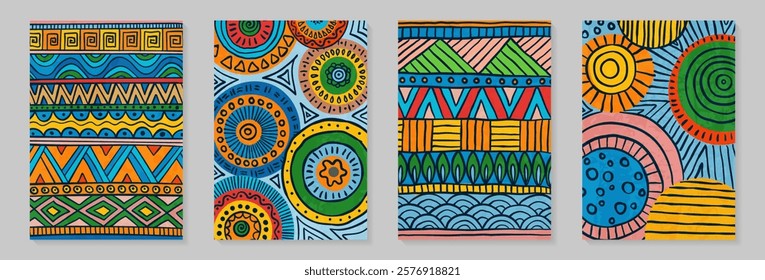 Poster ethnic African tribal ornaments. Abstract background design templates with ancient tribe geometric drawn elements, patterns, shapes. Design wall decoration, postcards, poster or brochure