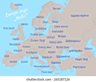 Poster (Europe says: "Hello"), map with bubble talk and the words "Hello" in the languages of the European countries
