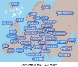 Poster (Europe says: "Hello"), map with bubble talk and the words "Hello" in the languages of the European countries