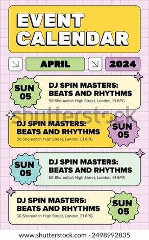Poster with event schedule  in bright colors, brutalism, modern, yellow, blue, green, prominent eye-catching title 
