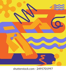 Poster for events of the summer season. Postcard with bright abstract elements. Illustration with characters in geometric style. Image of surfers.