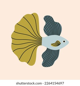Poster with an exotic fish. Underwater and sea life concept. Hand draw vector illustration isolated on colorful background. Cute design in pastel colors. For prints, typographic and web design.