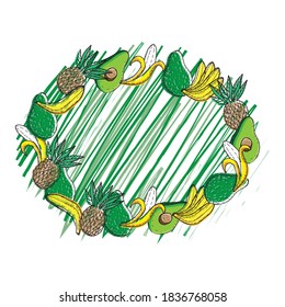 A poster with exotic fruits in an oval on a white background. Tropical fruits: bananas, pineapple and avocado. In bright juicy colors. Cartoon style. Suitable for summer menus, fabrics and paper.