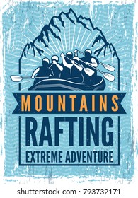 Poster for extreme sport club. Monochrome illustration of rafting. Canoe or kayak on sea. Extreme mountain water sport, rafting and kayaking vector