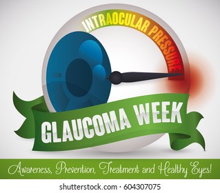 Poster with eye like manometer with green ribbon for Glaucoma Week and some precepts in prevention of this disease.