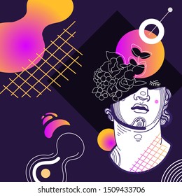 Poster with the face of an antique statue, flowers and geometric shapes on a dark blue background, drawn in vintage style. Vector stock graphics. Abstract composition with colorful gradient