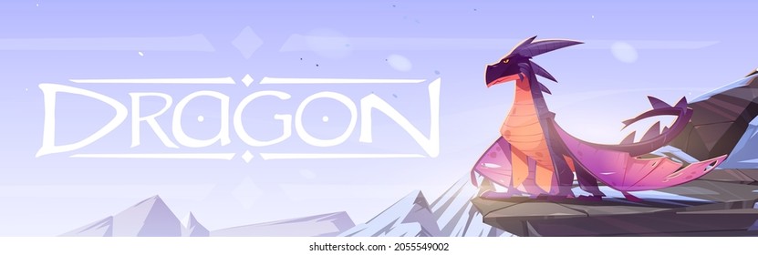 Poster with fairytale dragon on cliff in mountains. Vector banner with cartoon fantasy illustration of landscape with snow peaks and rocks and magic beast with wings on stone ledge