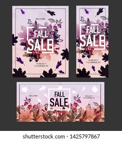 Poster fall sale with leaves and berries.  Vector.