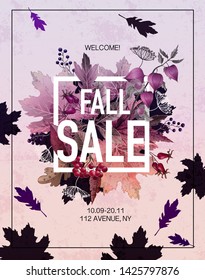 Poster fall sale with leaves and berries.  Vector.