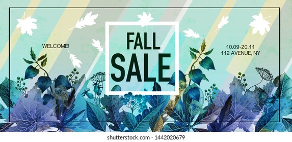 Poster fall sale with leaves and berries.  Vector.